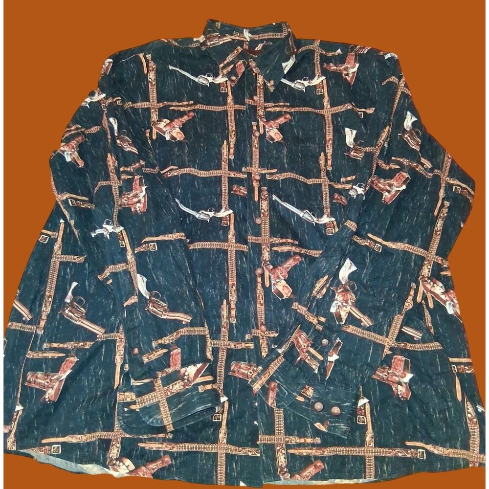 Western-Themed Long Sleeve Button-Up Shirt With Guns & Holsters Print